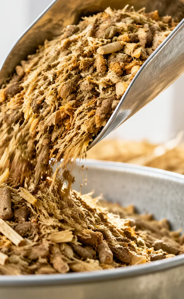 High-fibre feed ingredients and pellets poured from a steel scoop