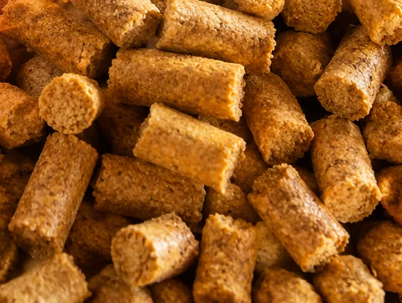 Close-up of pelleted pig feed made from cereal and by-product ingredients